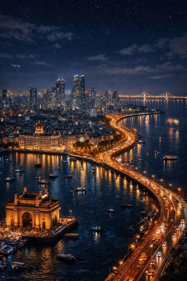 Coastal city skyline and port at night